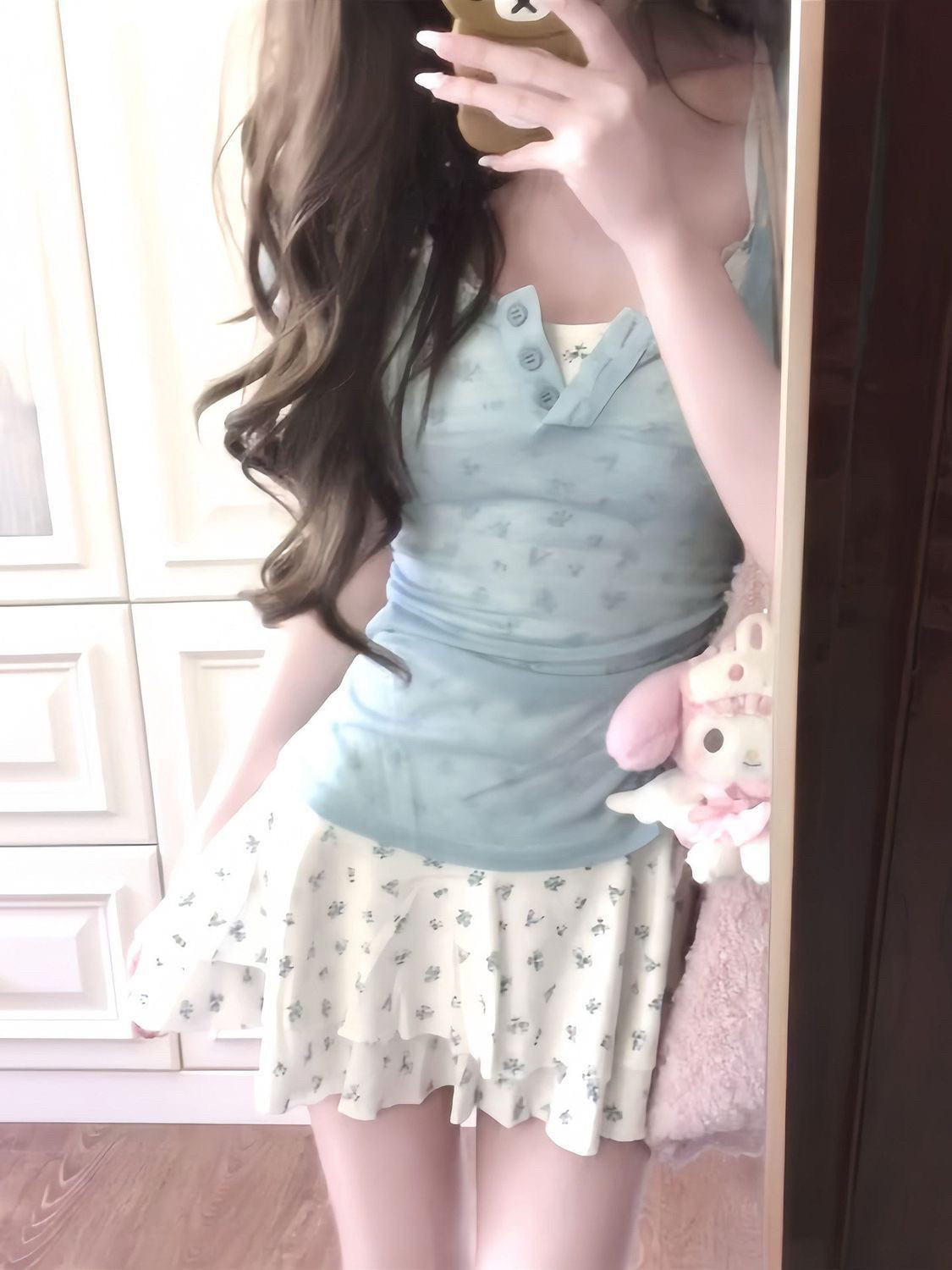 甜美少女风碎花吊带连衣裙女夏季蓝色掐腰小裙子女套装