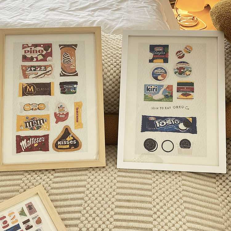 韩国博主手绘各种各样小零食装饰画饼干饼干饮料糖巧克力图案馋呀