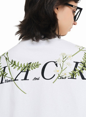 harshandcruel 新中式花卉环形刺绣文字排版透气廓形短袖T恤