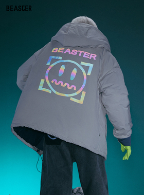 BEASTER小恶魔鬼脸棉衣撞色印花外套2019冬季新款男宽松连帽国潮