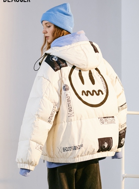 BEASTER 小恶魔鬼脸连帽羽绒服男鬼脸印花白鸭绒防风保暖外套