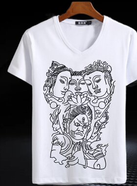 三面佛衣服精神小伙社会网红纹身图案学生夏季短袖T恤男潮流半袖