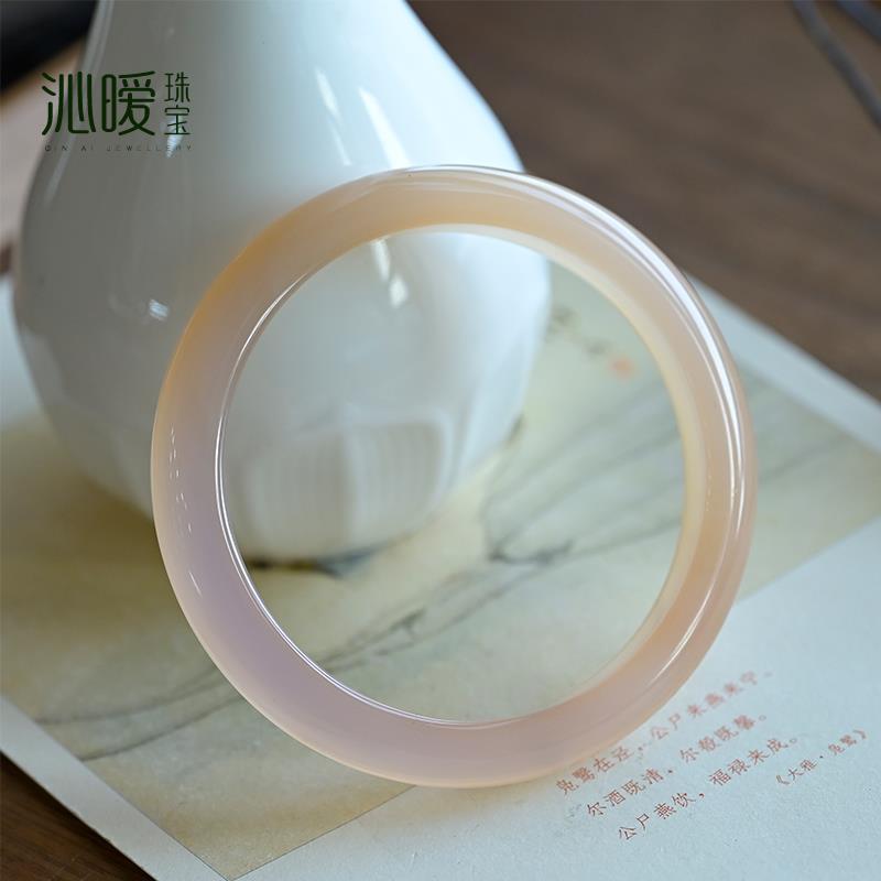 2025玛瑙手镯西柚粉玉髓镯子浅粉色细条淡色藕粉和田玉天然水晶饰