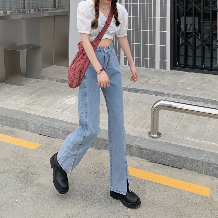 Real shooting three standard Korean high waist jeans with straight leg and wide leg