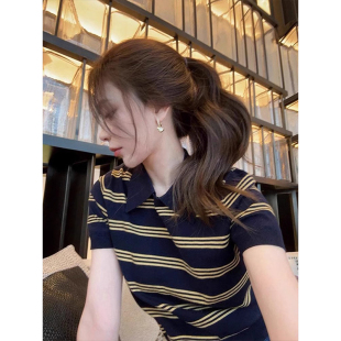 藏蓝色条纹针织短袖polo衫女夏季老钱风穿搭修身短款翻领t恤上衣