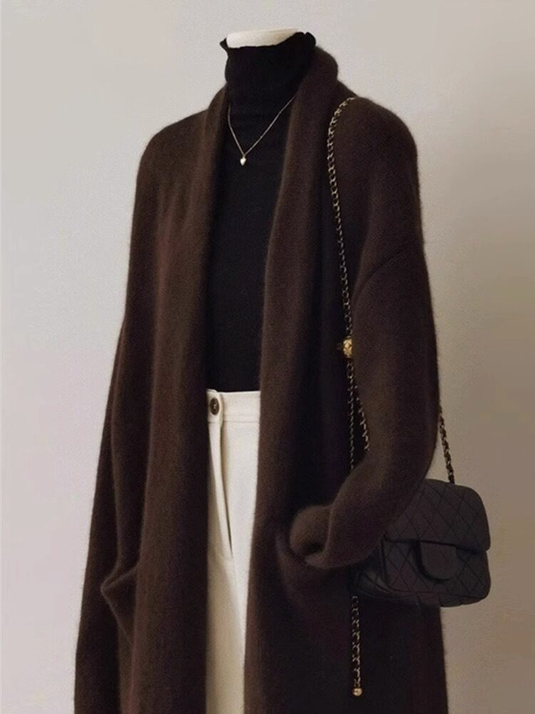 欧货咖色中长款毛衣外套女秋冬高级感慵懒风软糯过膝针织开衫大衣