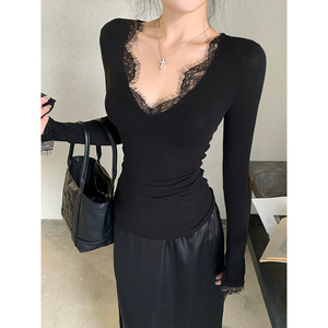 黑色修身V领蕾丝打底衫女秋冬大领口正肩长袖T恤法式叠穿内搭上衣