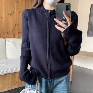 韩系藏青色立领针织拉链开衫女秋冬季高级感修身毛衣外套内搭上衣