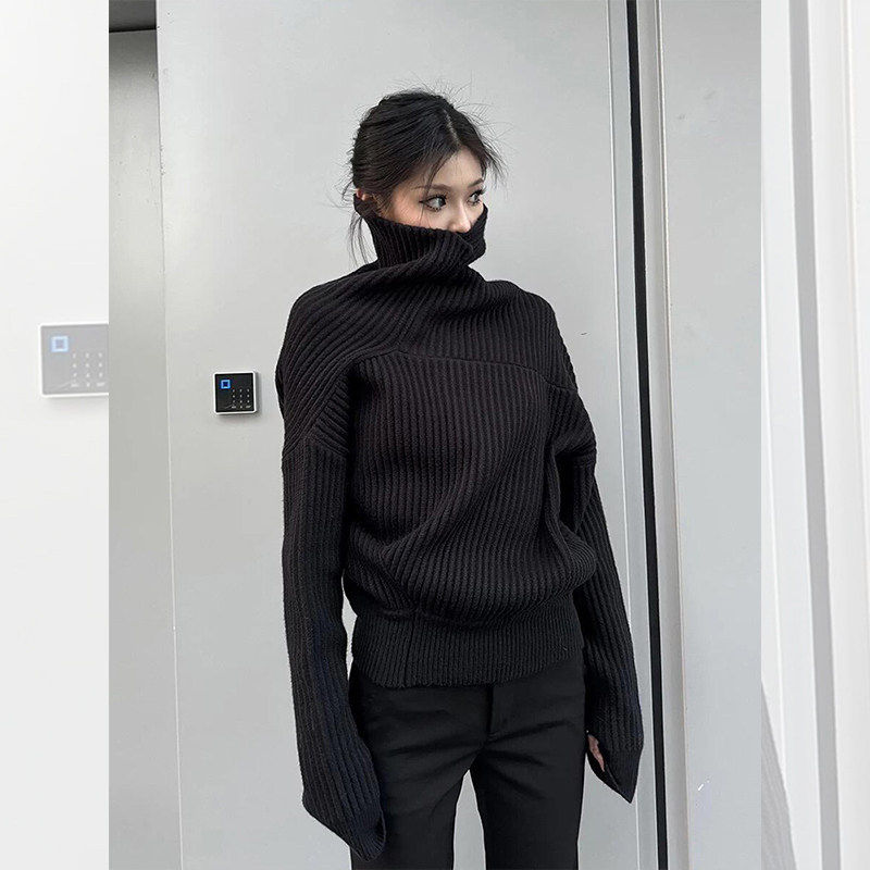 黑色不规则坑条高领毛衣女秋冬高级感宽松加厚套头针织衫内搭上衣