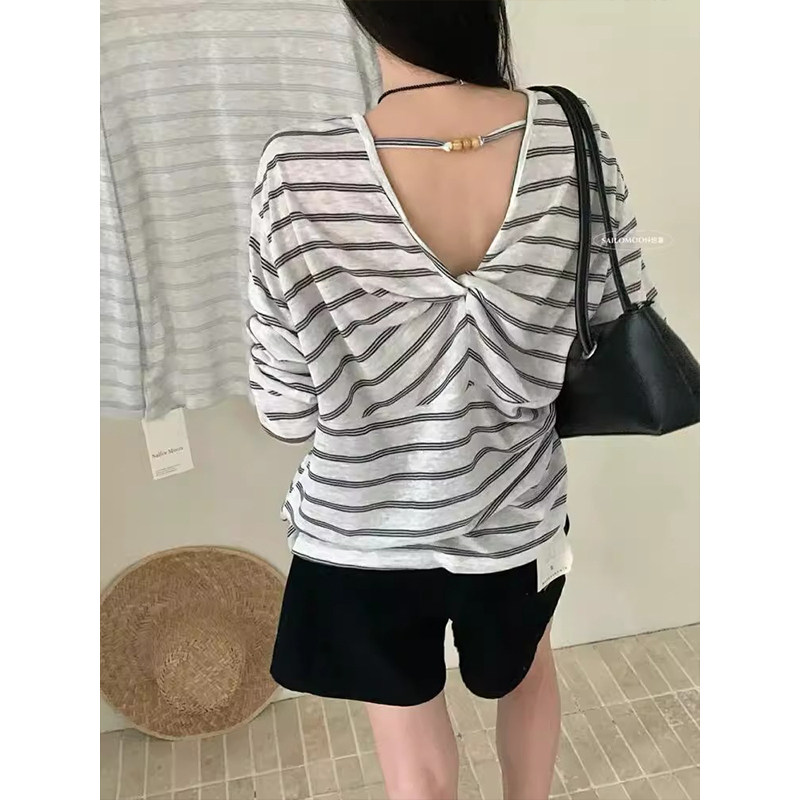 条纹露背长袖t恤女夏季设计感后背镂空薄款冰丝防晒罩衫外搭上衣