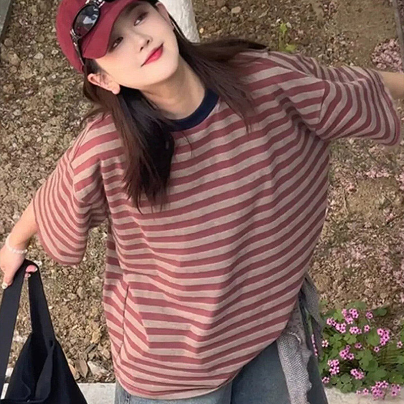 松弛感条纹短袖t恤休闲宽松上衣