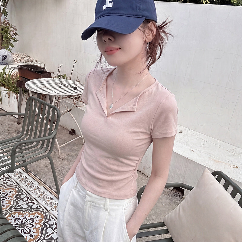 辣妹v领正肩短袖t恤修身掐腰上衣