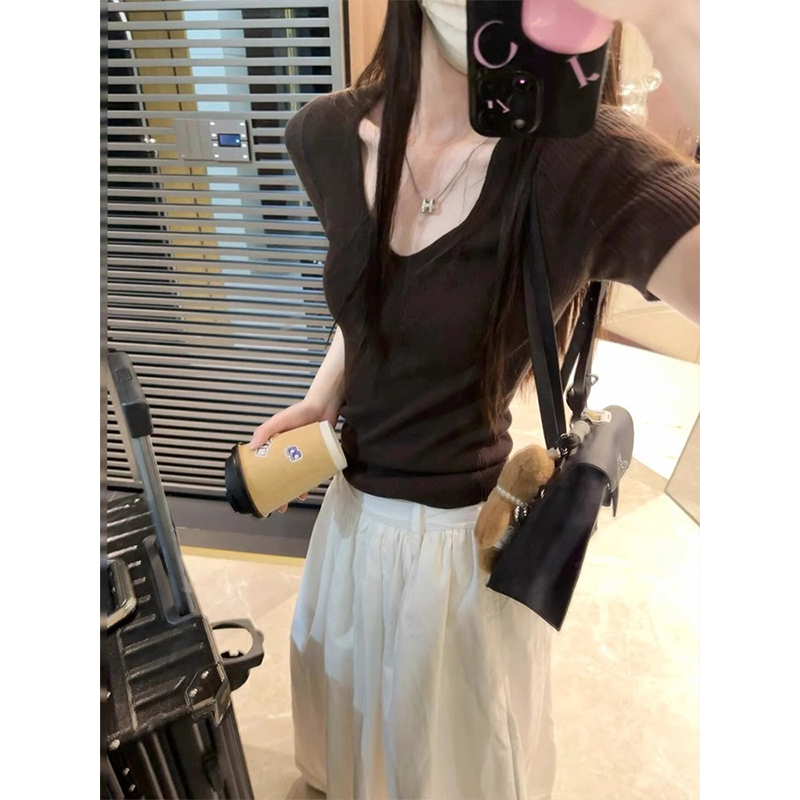 老钱风v领冰丝针织短袖t恤上衣薄