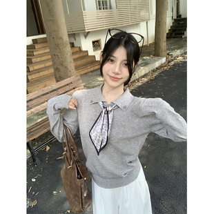 老钱风穿搭修身 女秋季 显瘦内搭打底上衣 polo衫 灰色miu系针织长袖