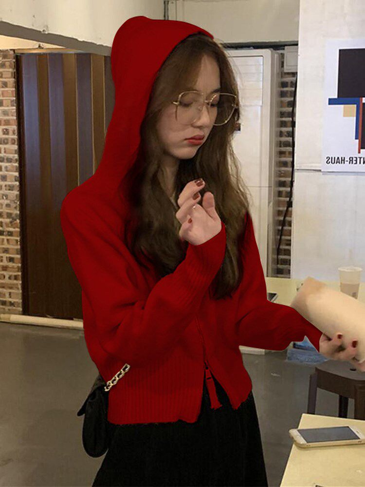 韩系新年红色连帽毛衣外套女秋季气质小个子针织卫衣拉链开衫上衣