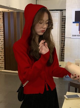 韩系新年红色连帽毛衣外套女秋季气质小个子针织卫衣拉链开衫上衣