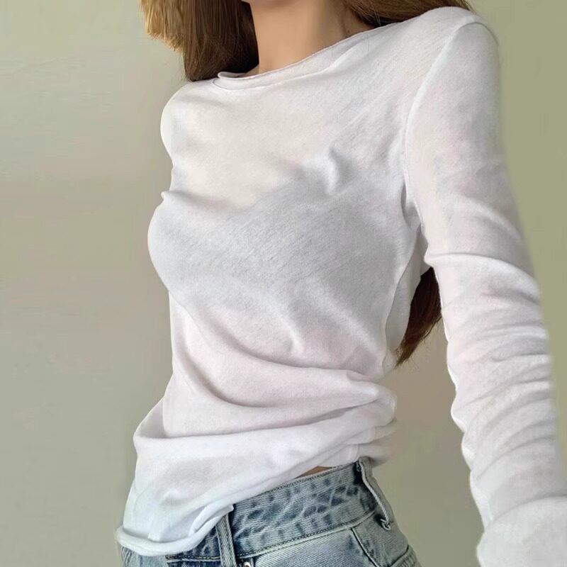 辣妹白色修身长袖t恤女春季新款微透薄款内搭打底罩衫卷边小上衣