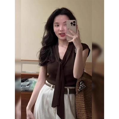 披肩飘带v领冰丝修身针织短袖t恤