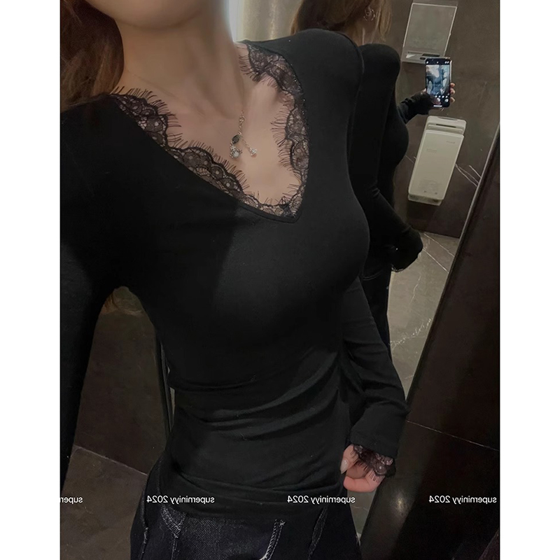 纯欲v领蕾丝内搭打底衫修身上衣