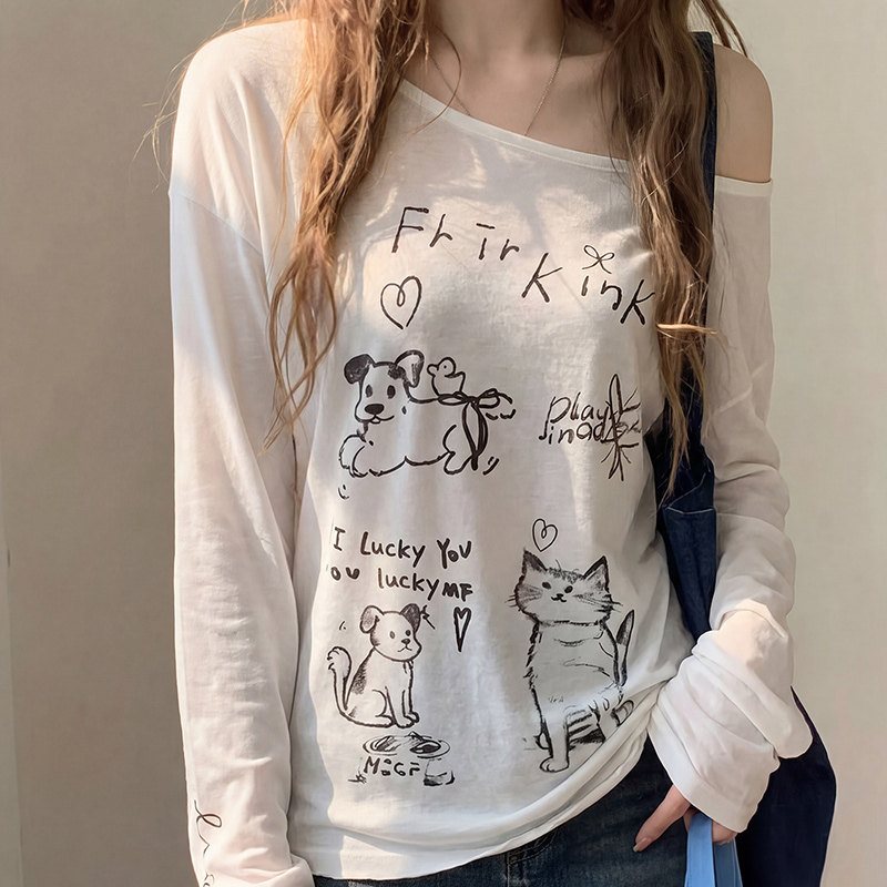 一字斜肩长袖t恤防晒罩衫上衣薄