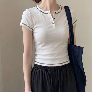 淡人高知白色v领正肩短袖t恤女夏季辣妹修身紧身显瘦亨利衫短上衣