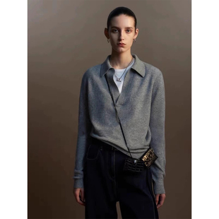 高级感灰色Polo翻领针织衫女秋季叠穿V领长袖羊毛毛衣内搭上衣冬