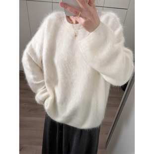 奶呼呼白色马海毛圆领毛衣女秋冬季宽松软糯可外穿内搭针织衫上衣
