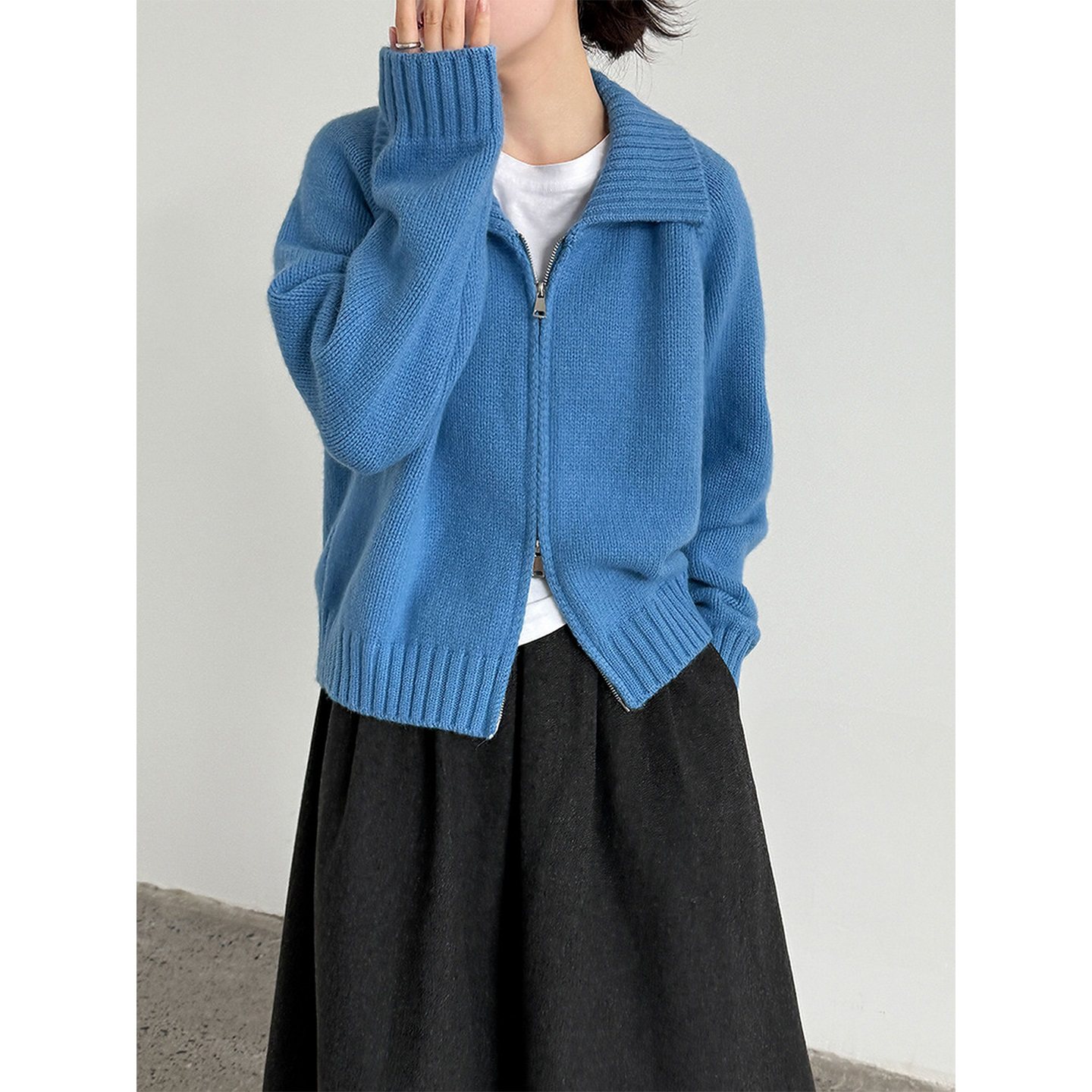 韩系蓝色双拉链翻领毛衣外套女秋冬小个子休闲宽松短款针织衫上衣