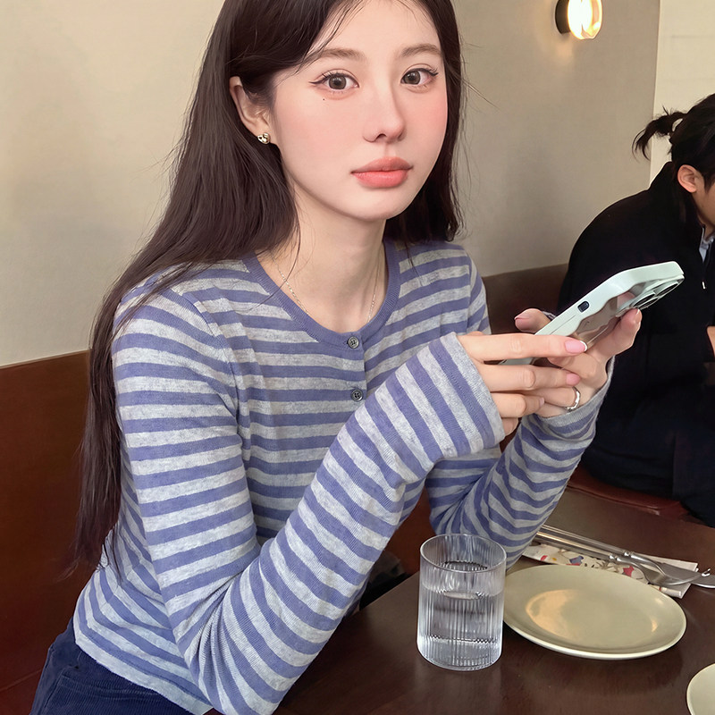 条纹修身长袖针织衫薄款外套上衣
