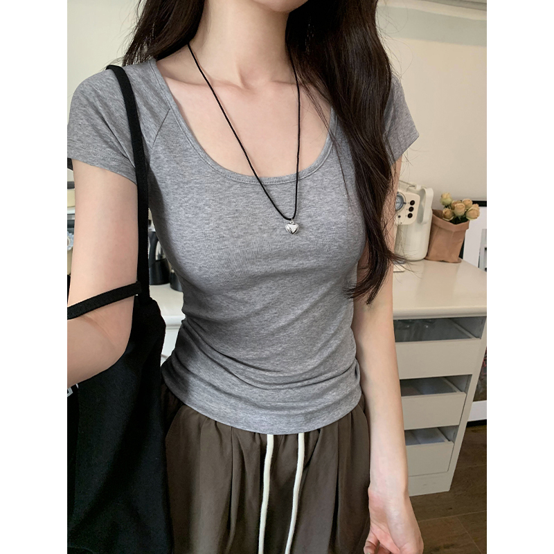 灰色大领口辣妹插肩短袖T恤女夏季美式紧身正肩体恤低U领锁骨上衣