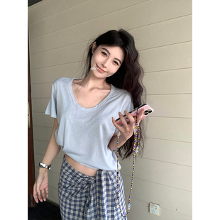 baby蓝大领口宽松短袖t恤女夏季新款正肩u领纯棉体恤内搭打底上衣