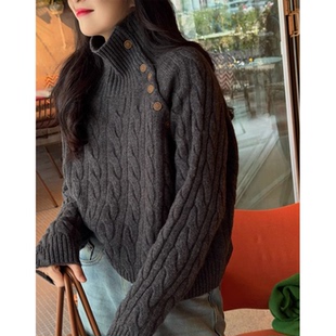 老钱风灰色麻花高领毛衣女秋冬慵懒高级感宽松翻领针织羊毛衫上衣