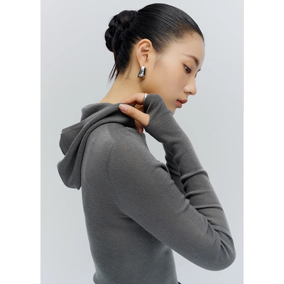 高级感灰色连帽针织衫女打底内搭