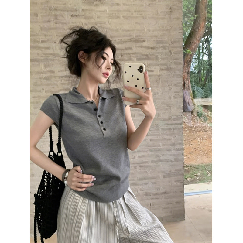老钱风灰色polo翻领短袖针织衫女夏季穿搭小飞袖修身短款t恤上衣