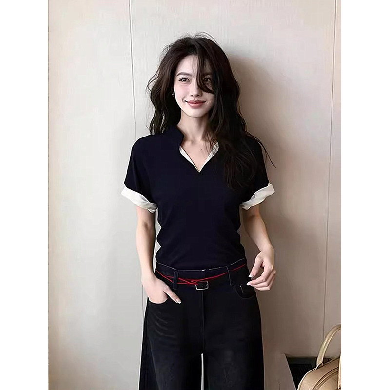 淡人高知黑色v领短袖t恤女夏季穿搭老钱风正肩修身显瘦设计感上衣