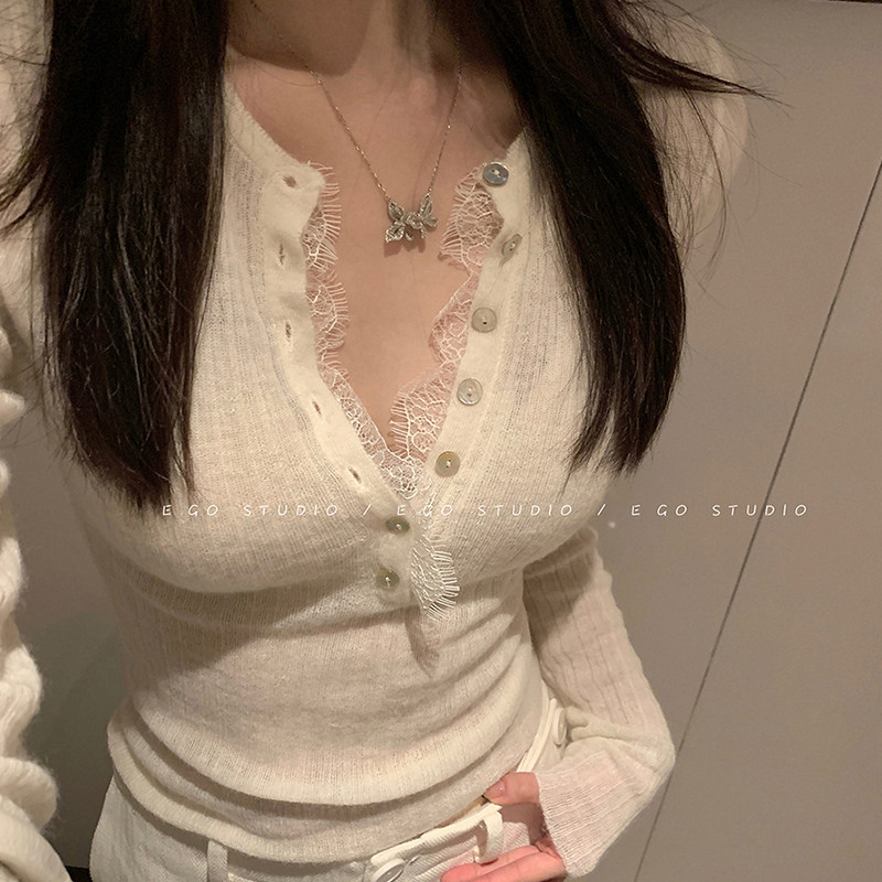 小香风白色v领蕾丝针织衫女秋轻熟纯欲风修身显瘦内搭打底上衣薄