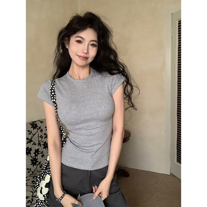 辣妹紧身灰色短袖正肩T恤女夏季
