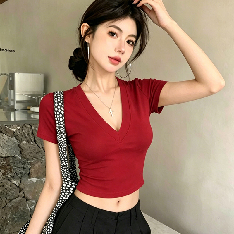 美式辣妹短袖t恤修身露脐短上衣