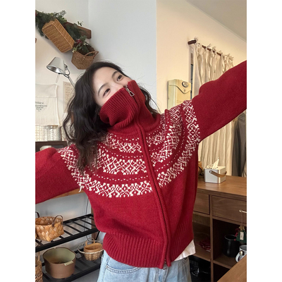 费尔岛拉链翻领毛衣外套圣诞新年