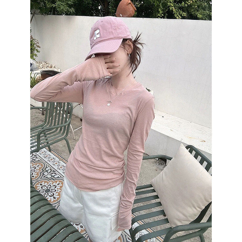 温柔粉色薄款长袖t恤女春季内搭打底衫正肩修身防晒罩衫微透上衣