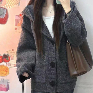 韩系灰色中长款连帽毛衣外套女秋冬慵懒宽松软糯针织开衫上衣加厚