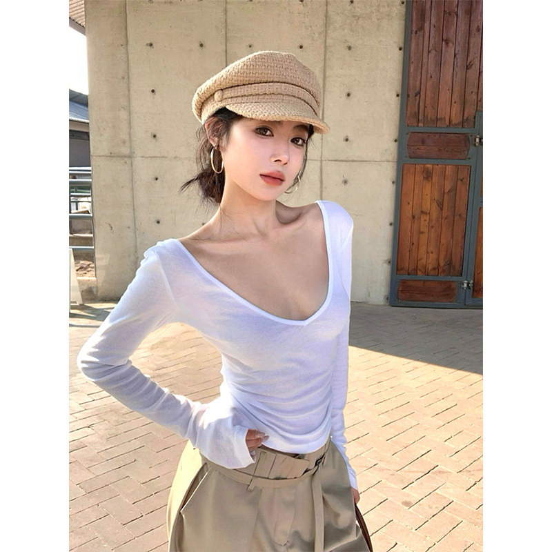 纯欲白色大领口修身长袖t恤女夏季v领收腰短款微透防晒罩衫上衣薄