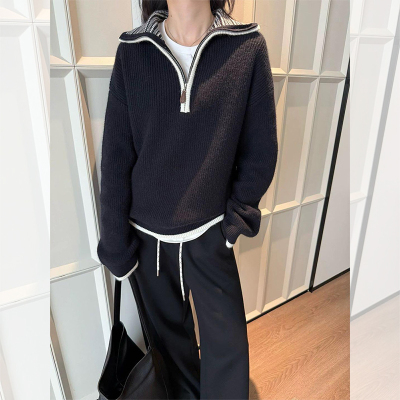 半拉链大翻领套头毛衣加厚针织衫