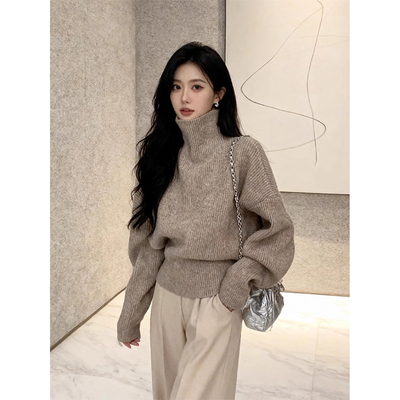 高级感蝙蝠袖高领毛衣外穿针织衫