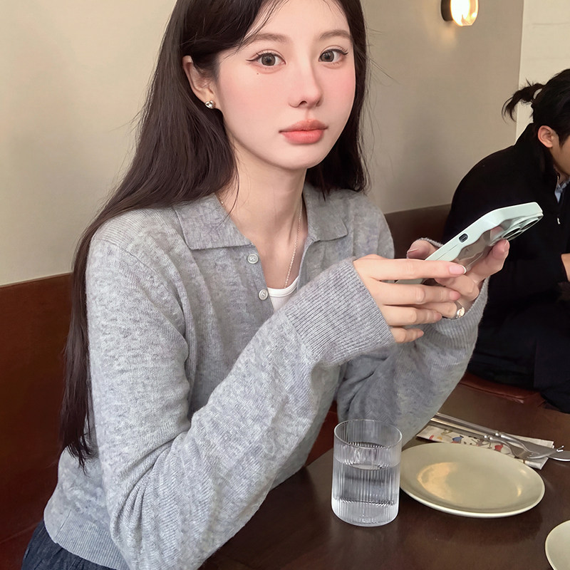 假两件polo领针织衫修身内搭毛衣