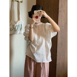 日系白色短袖棉麻衬衫女款夏季圆领亚麻高级感微透泡泡袖显瘦上衣