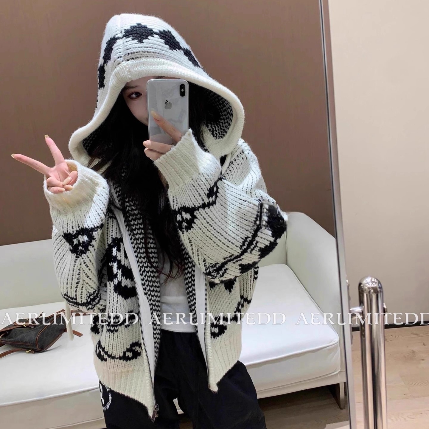 初冬费尔岛粗线连帽加厚毛衣外套