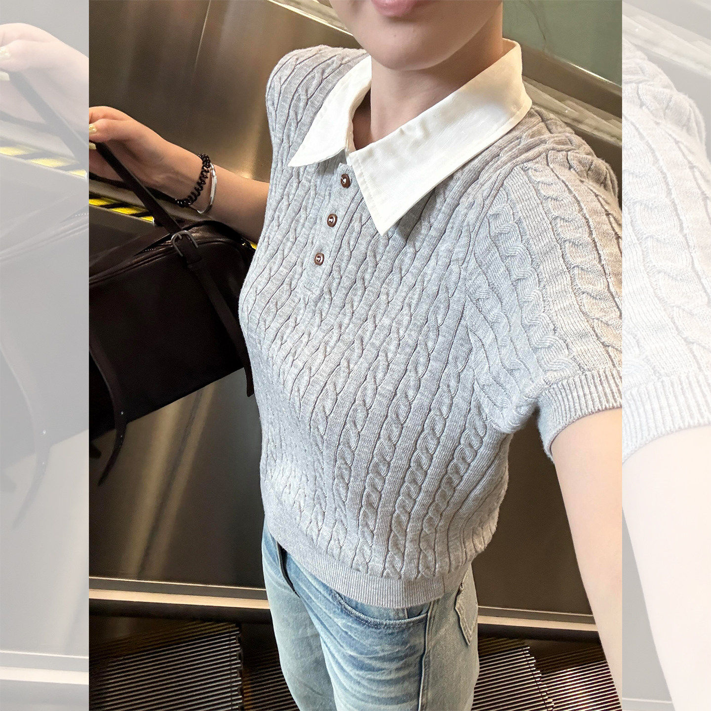 高智感灰色麻花针织短袖polo衫女夏季老钱风穿搭修身miu系t恤上衣