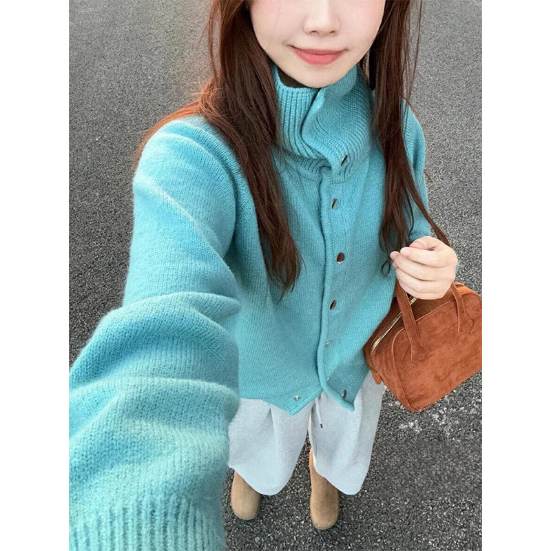 高级感蓝色慵懒高领毛衣开衫外套女冬季宽松软糯针织羊毛衫上衣厚