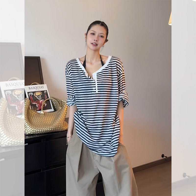 条纹冰丝防晒罩衫宽松长袖t恤薄